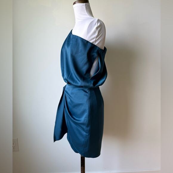 LULUS ELEGANR POISE DARK TEAL BLUE SATIN ASYMMETRICAL TIE FRONT DRESS SMALL - Picture 6 of 9